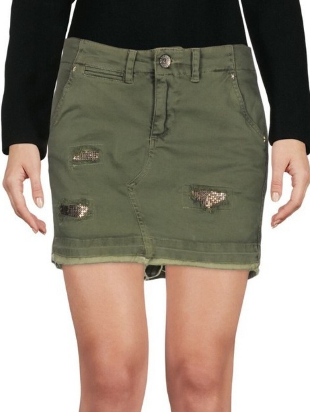 Olive Green Vintage Distressed Denim Mini Skirt With Gold Metallic Embelishments